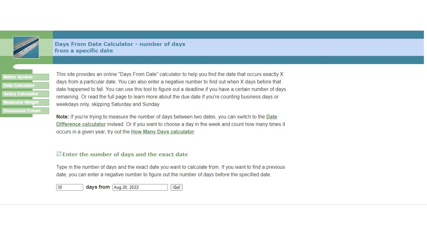 Days From Date Calculator - number of days - Convert Units